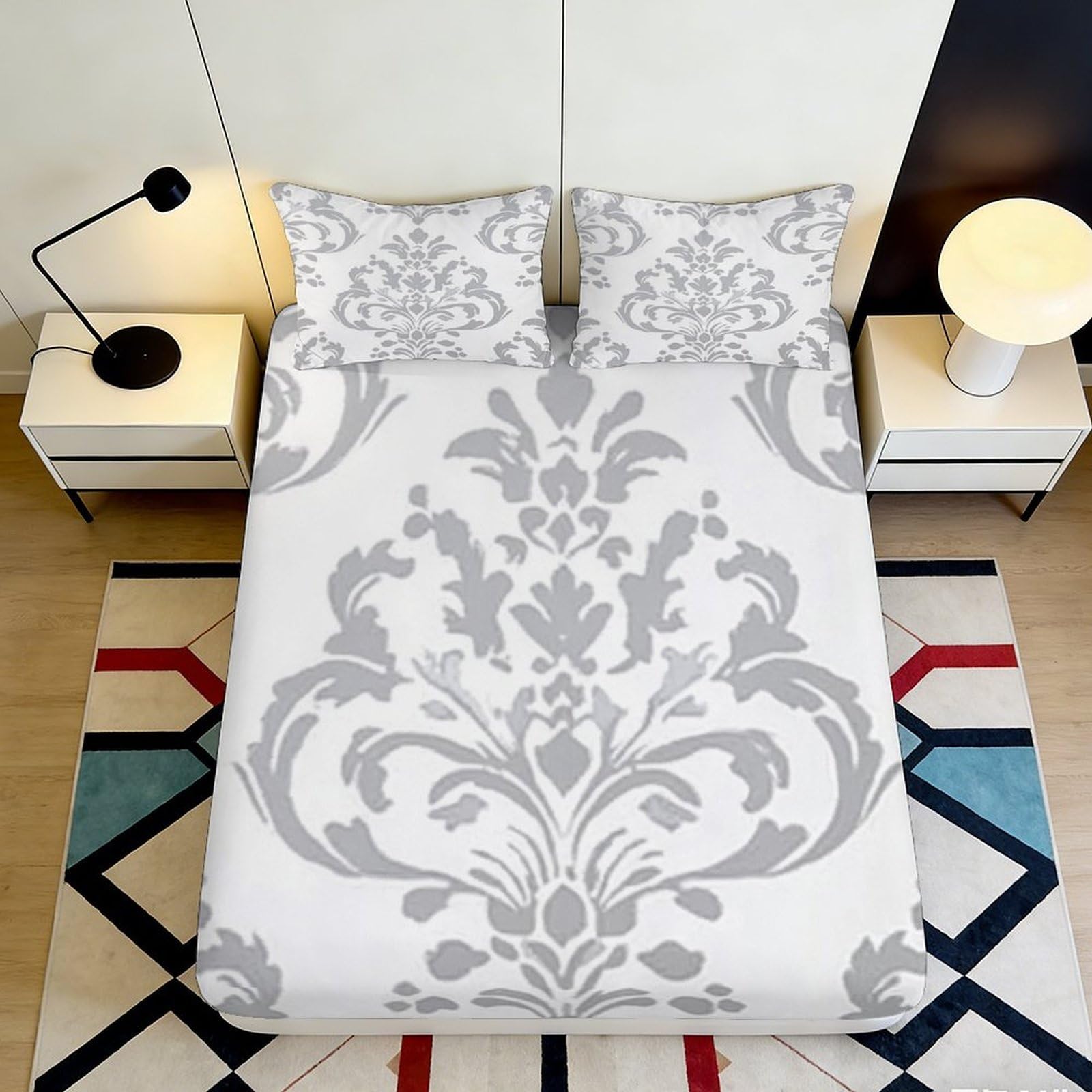3D Printed Grey Damask Fitted Sheet Microfiber Soft Breathable Ornate Bed Cover for Bedroom Dormitory Guest Room Mattress Protection Decor 200x200x25cm