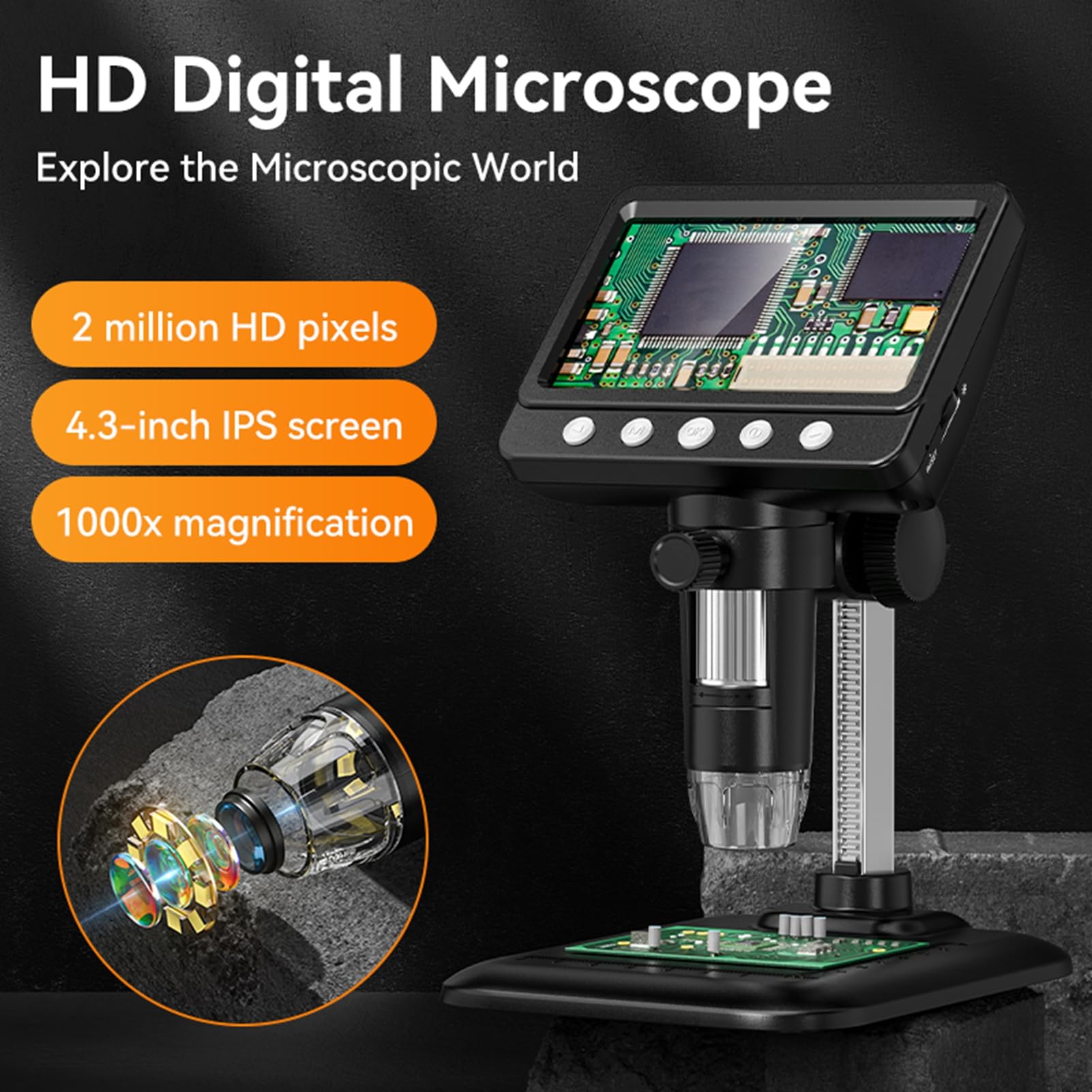 Hyuduo Digitales LCD Mikroskop, Elektronisches Mikroskop 4,3 Zoll | 50–1000x Vergrößerung, 2MP HD, 1080P Foto/Video, 2000mAh , für Win/
