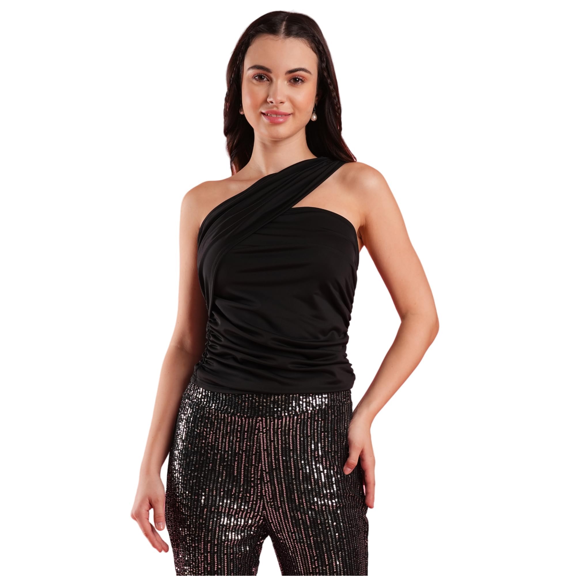 Women Black One Shoulder Neck Waist Ruched Party Top-image-13