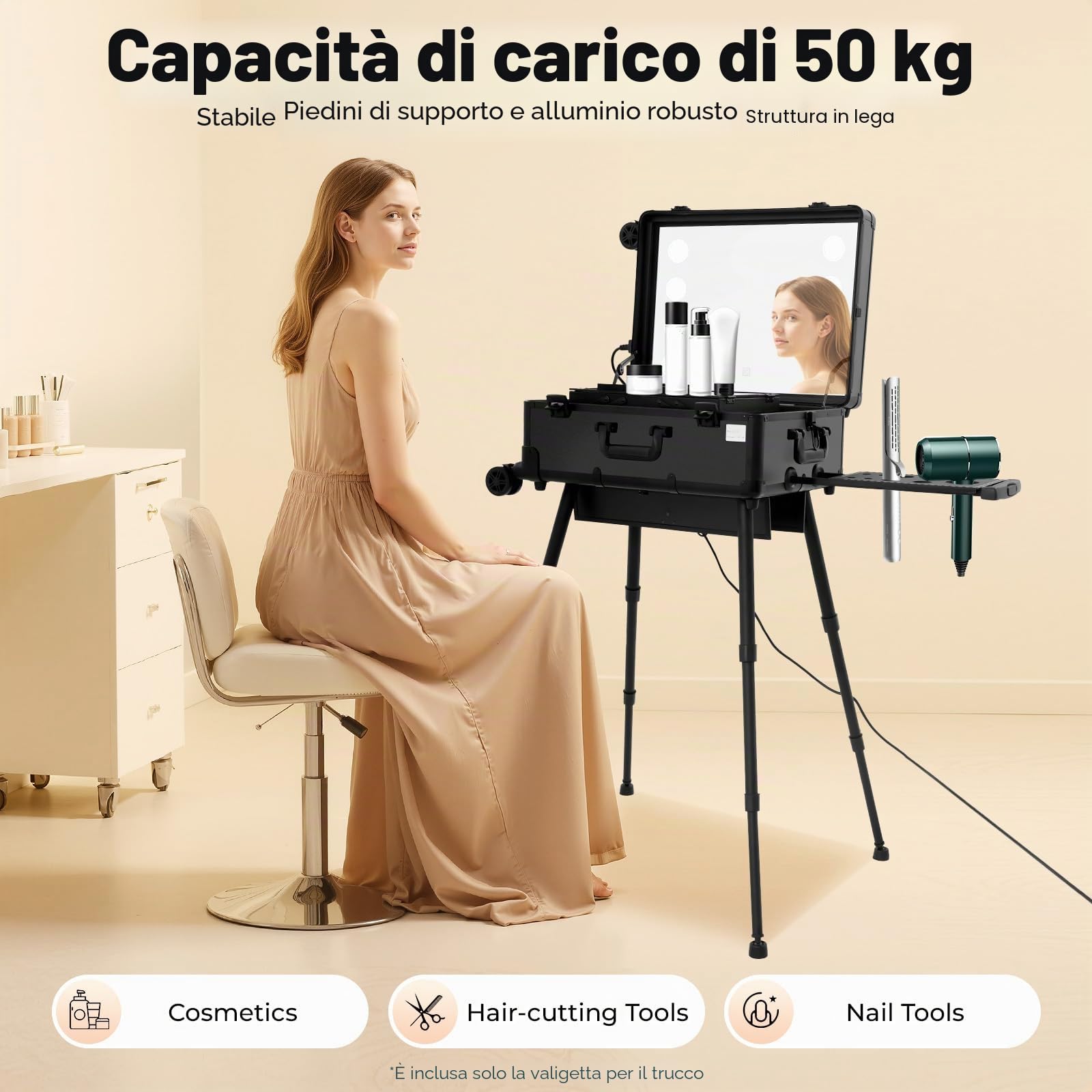 Valigetta per trucchi, professionale, grande, con luce LED e specchio, con chiusura a chiave, con 4 ruote, gamba regolabile per trucchi professionali, parrucchieri (nero), Nero , Viaggi