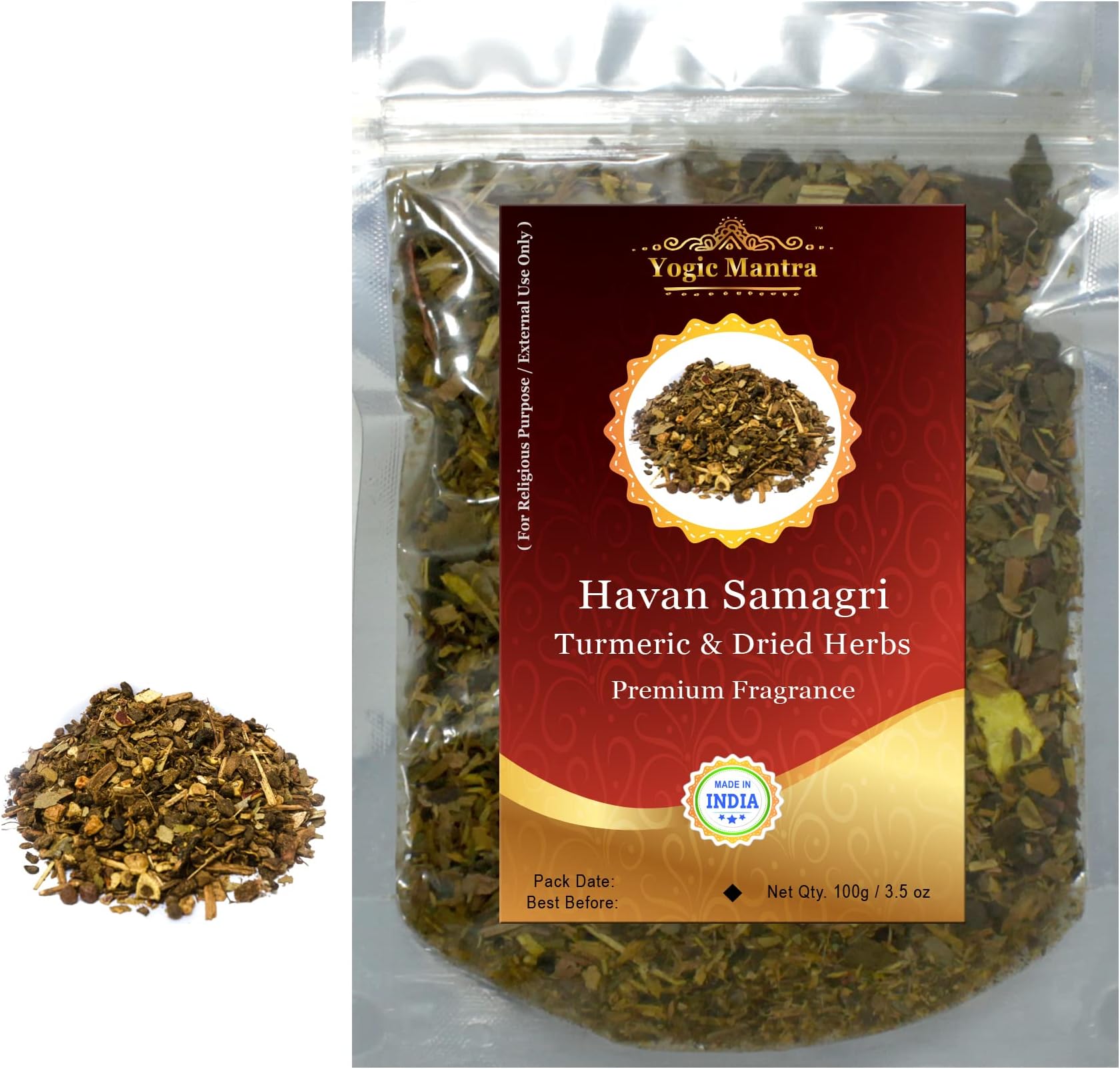 Yogic Mantra Havan Samagri for Burning (100g Fragrant Dried Herbs with Turmeric) Hawan Kund Home Puja, Yagya, and Holy Hindu Pooja Religious Ceremony, Worship & Rituals