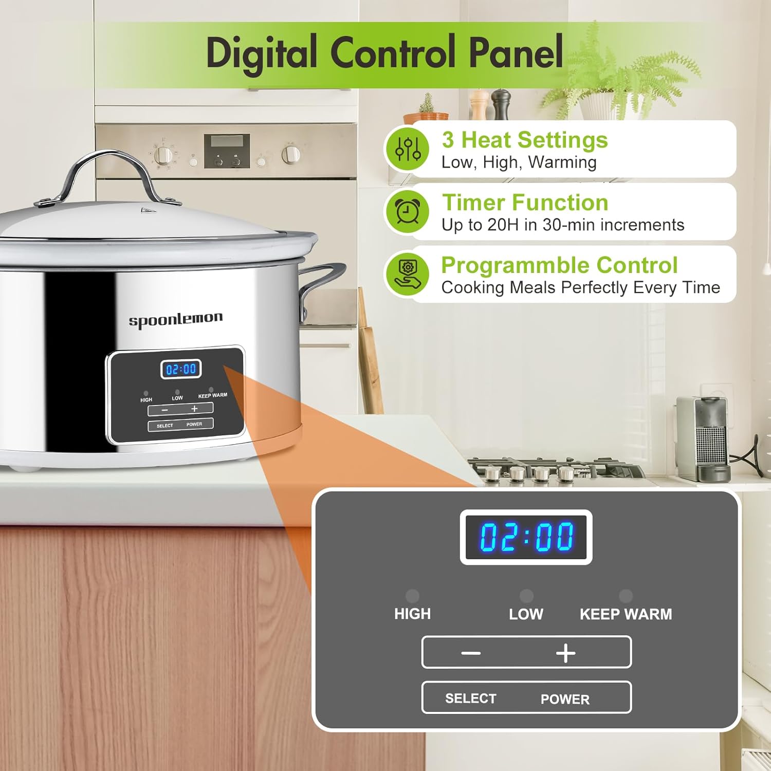 6 QT Slow Cooker, 240W Stainless Steel Electric Crock Cooker with Digital 20H Timer & 3-Level Heat Settings, Oval White Ceramic Inner Pot for Family Dinners