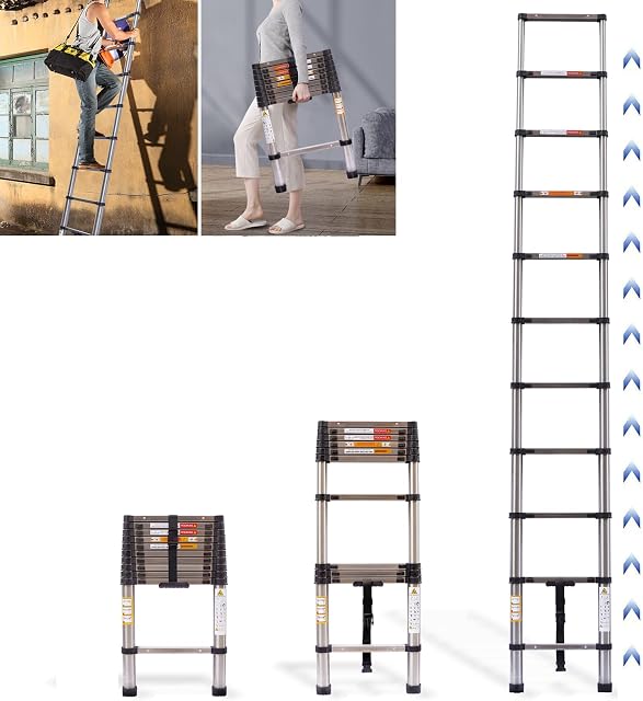 Telescopic Ladder 3.8M/12.5FT Multi-Purpose Climb Extendable Collapsible Step Ladders Portable Extension Ladder for Indoor/ Outdoor Use, Max Load 150KG/330LB
