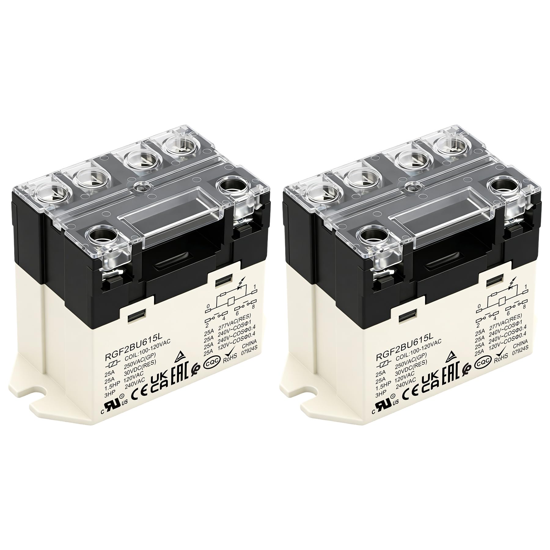 Weasch 2 Pack General Purpose Relay, RGF2BU615L, 25A 100-120VAC Coil Voltage, 6Pin Double Pole Single Throw Normally Open Contacts, with LED Indicator