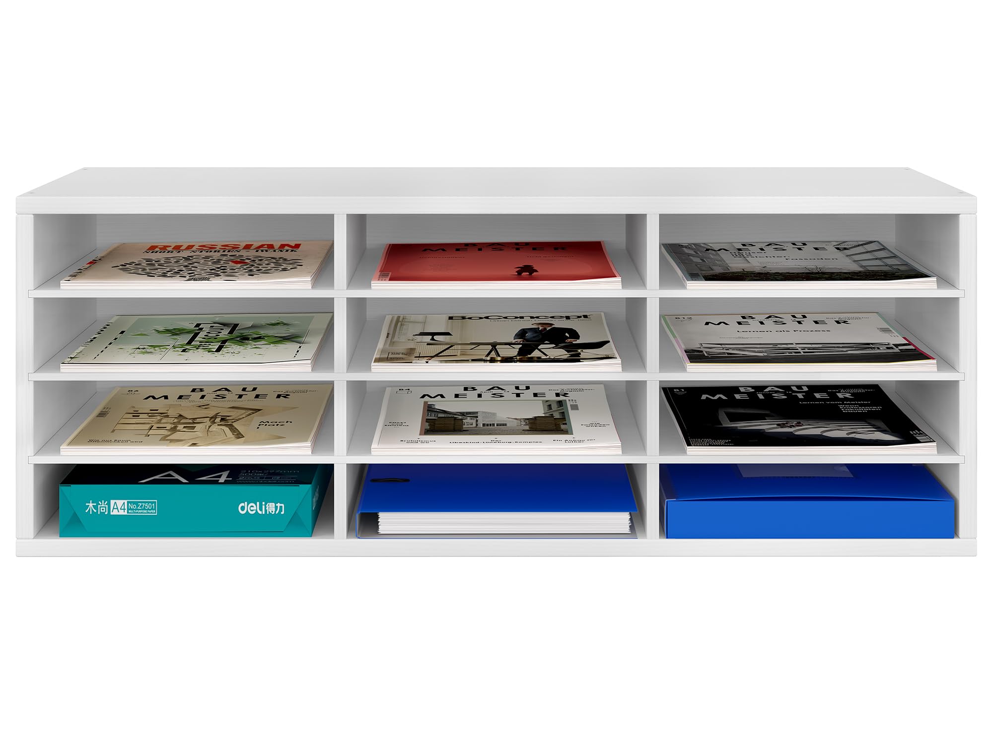 EasyPAG 12 Compartimentos Madera A4 Bandeja Archivador Organizador Hojas Soporte Documentos Clasificador Oficina Almacenamiento Escritorio Estante Papeles,Blanco