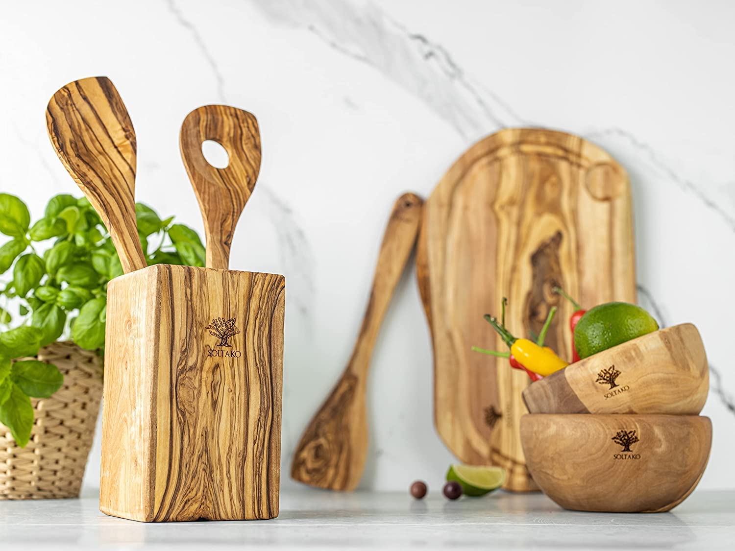 SOLTAKO Ustensiles de Cuisine - Cuillères, Spatules et Palettes - Cuillères de Cuisine en Bois d’Olivier Brut - Spatules, Couvert à Salade, Fourchette, Cuillère à Riz 30cm