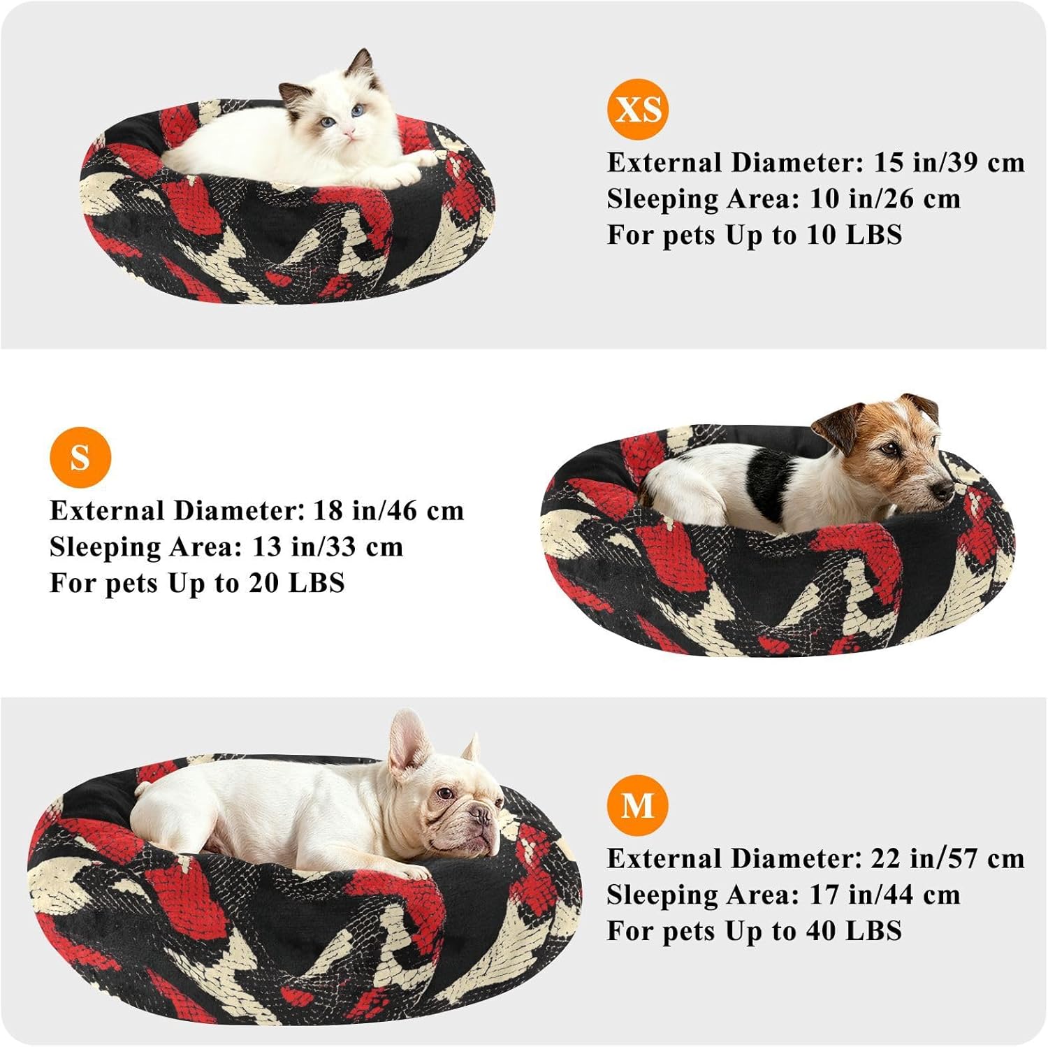 Snake Skin Red Black Pet Dog Bed Warm & Soft Cat Pillow Bed for Medium Size Pets Supplies S