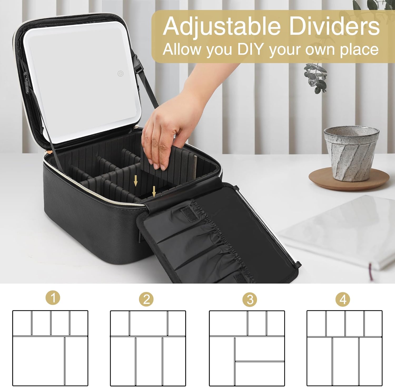 Relavel Travel Makeup Bag With LED Mirror, Cosmetic Train Case with Light up Mirror, Portable Makeup Artist Organizer Bag with Adjustable Dividers, Makeup Brush Holder Storage, Black