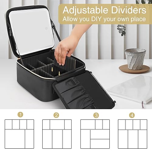 Miniatura 7 de Relavel Bolsa de maquillaje de viaje con espejo LED, estuche de tren de cosméticos con espejo iluminado, bolsa organizadora portátil para