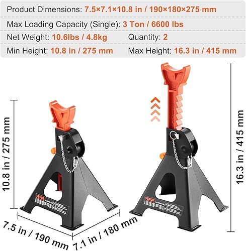 Miniatura 7 de VEVOR - Soportes de gato, capacidad de 3 toneladas (6,000 lbs), soportes de gato para autos con doble bloqueo, altura ajustable de 10.8-16.3