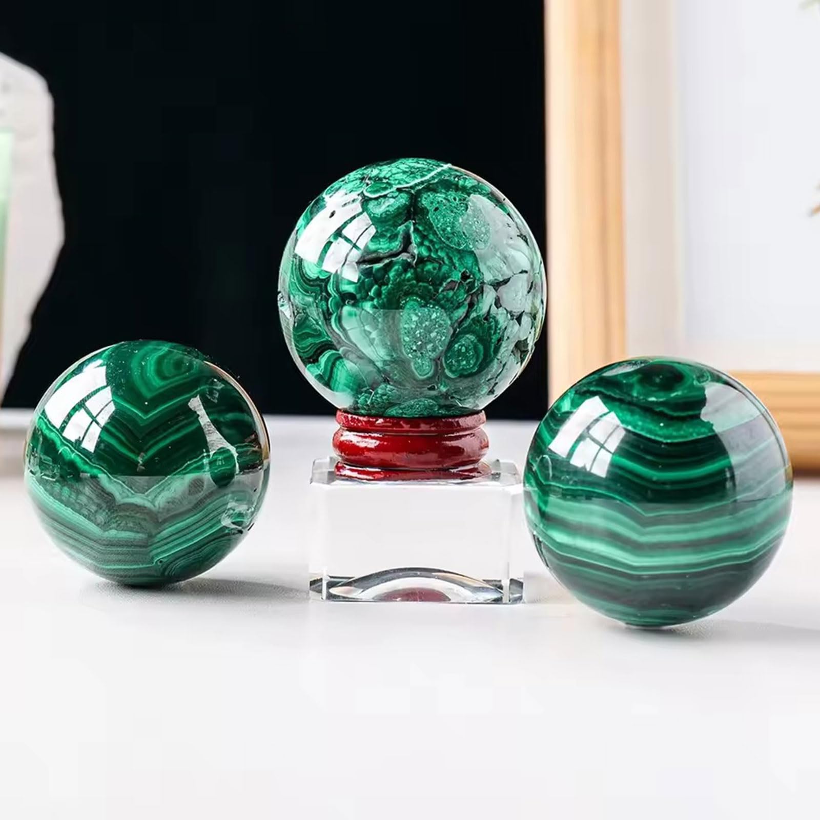 Sfera di Cristallo con Sfera di Malachite Verde, Statuetta con Scultura a Sfera in Pietra preziosa curativa Naturale con Supporto per Decorazioni per la casa,40~45mm