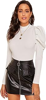 Romwe Women's Elegant Mock Neck Keyhole Back Leg-of-Mutton Long Sleeve Blouse