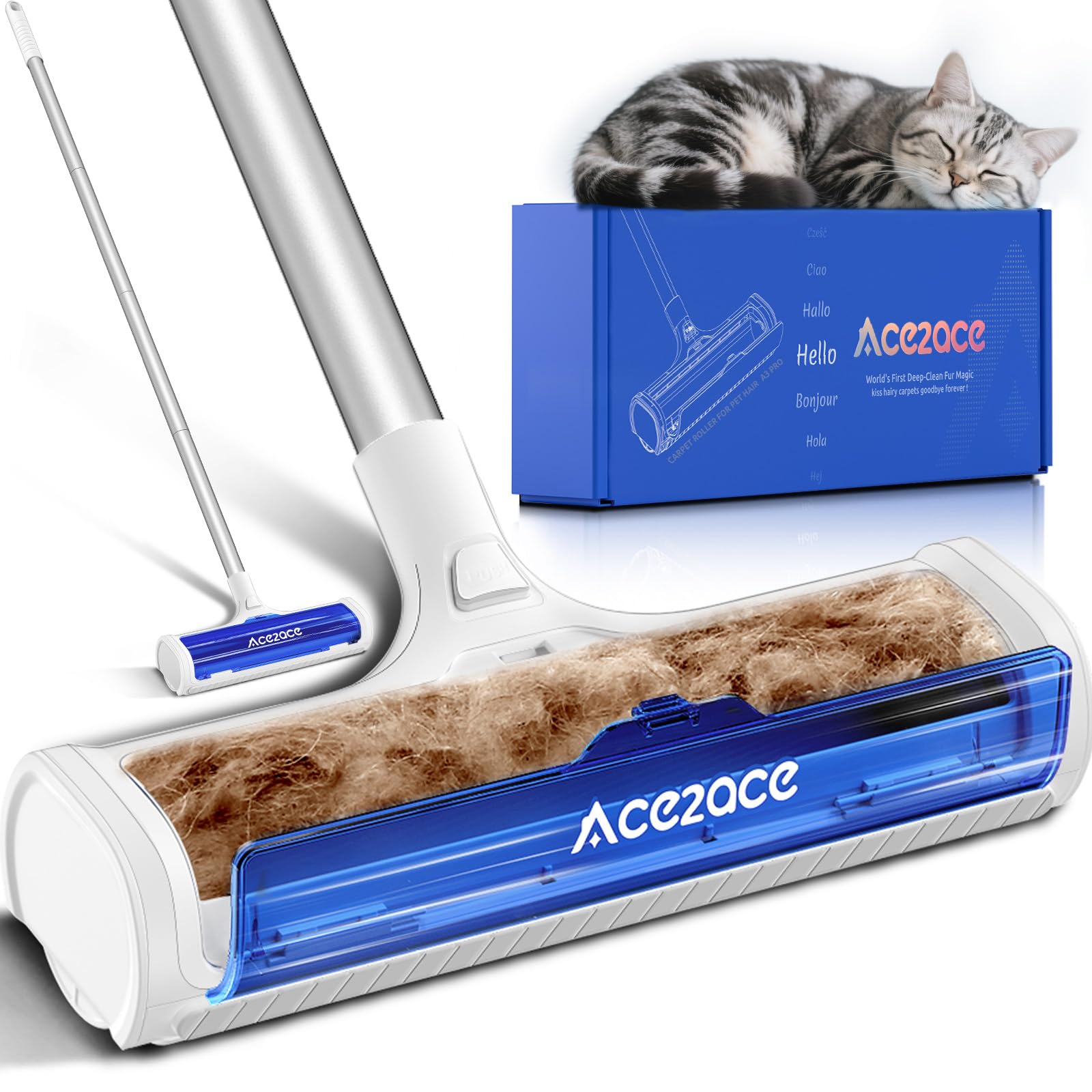 ACE2ACE Spazzola Peli Animali da Tappeti - Autopulente a Raccolta Autonoma | A3 PRO Spazzatrice per Tappeti con Manico Lungo 1.5m per Rimuovere Peli di Cane e Gatto da Moquette e Stuoie, Blu