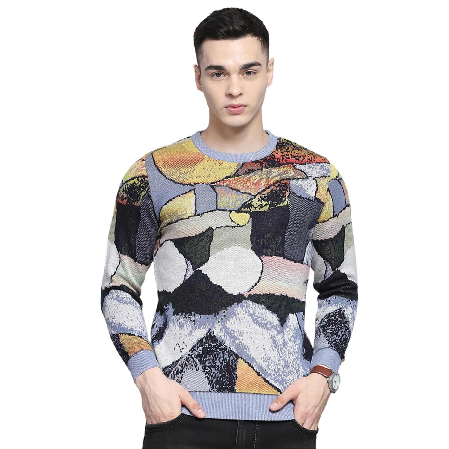 Mens Self Design Sky Blue Round Neck Full Sleeve Pullover