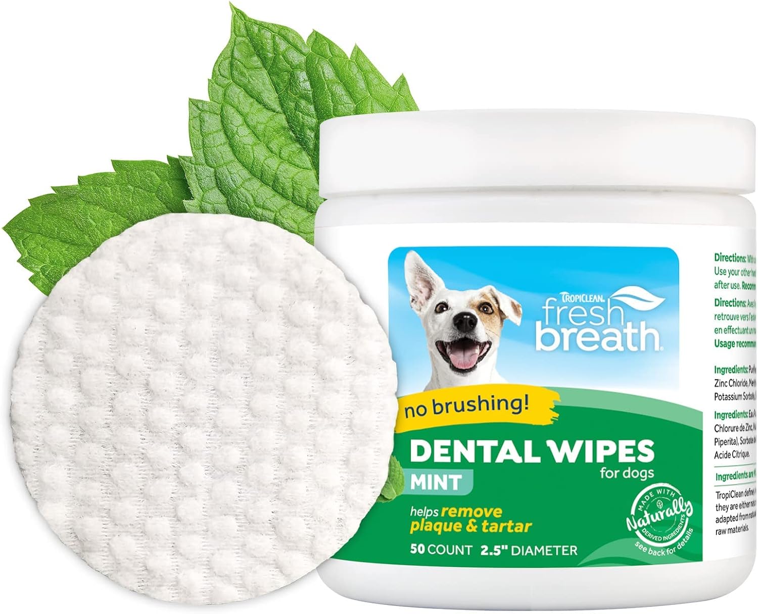 TropiClean Fresh Breath No Brushing Clean Teeth Dental & Oral Care Dental Wipes for Dogs, 50ct - Teeth Cleaning Wipes - Helps Wipe Away…