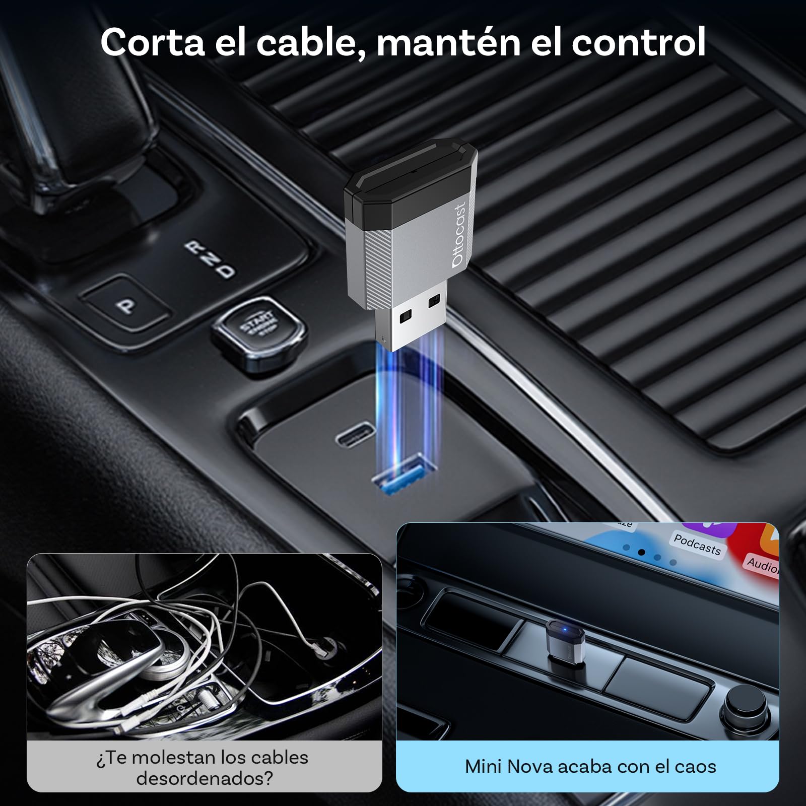 OTTOCAST 2 en 1 Inalámbrico CarPlay y Android Auto Adaptador, Mini Nova 2026 Wireless Adapter Ultra-Compacto, Compatible con ChatGPT Gemini (iOS 26.3+), Plug & Play para CarPlay/Android Auto por Cable