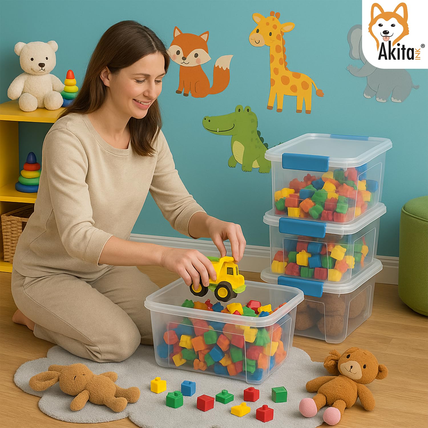 AKITAInk Set 4 Contenitori 13L Plastica Trasparenti con Clip di Bloccaggio – Scatole Salvaspazio 38.9x27.7x19.5 cm Impilabili per Casa, Ufficio, Armadi e Ripostigli
