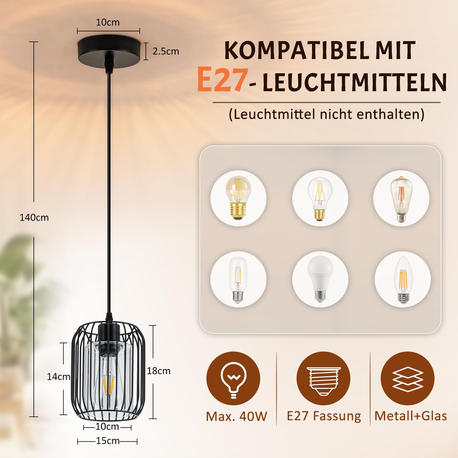 ZMH Suspension vintage noire pour table à manger Suspension E27 en verre