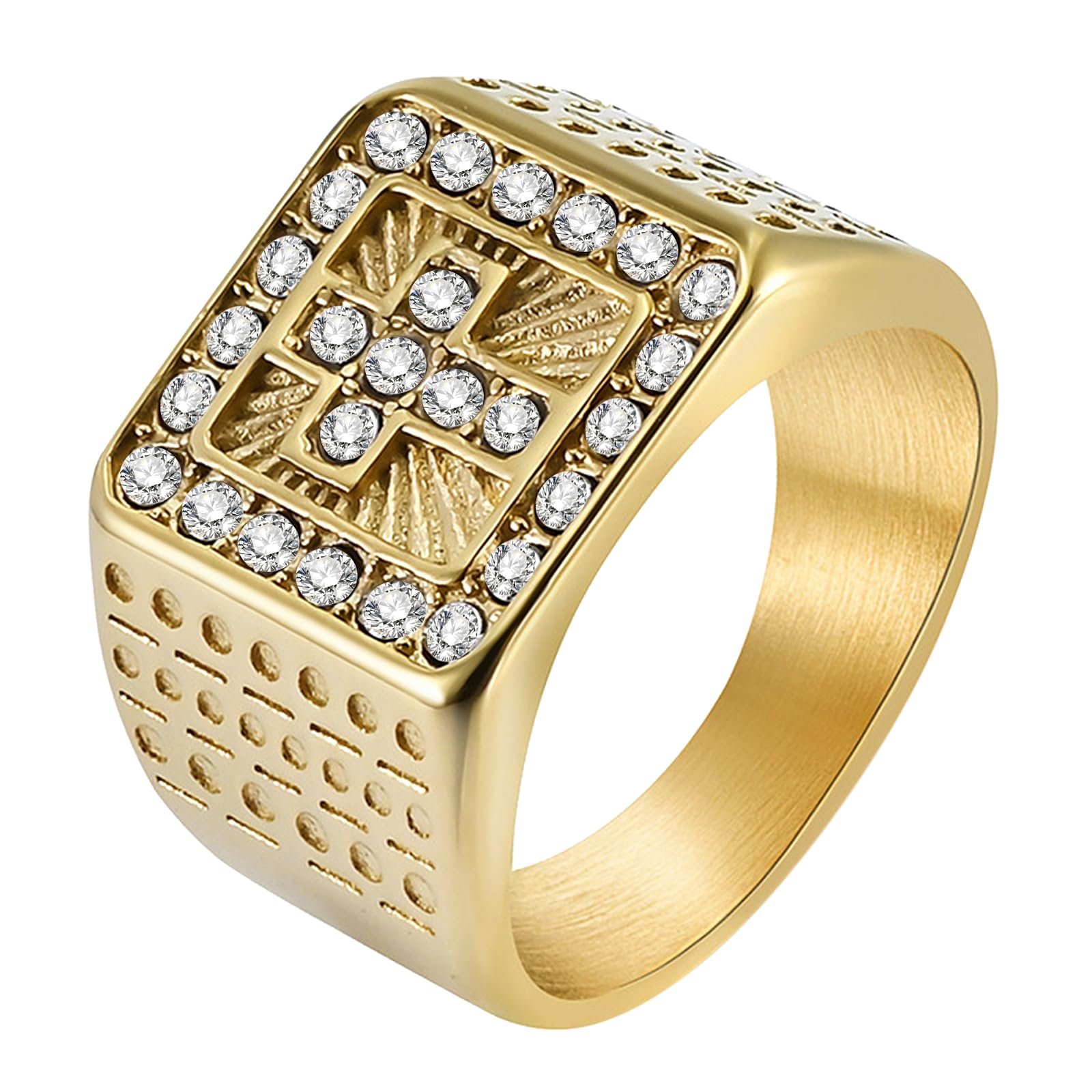 JewelryWe Anillo Cruz de Acero Inoxidable para Hombre : Cruz Cristiana Religiosa Anillo Completo de Diamantes - Hip Hop Wearable Joyería Plata Oro
