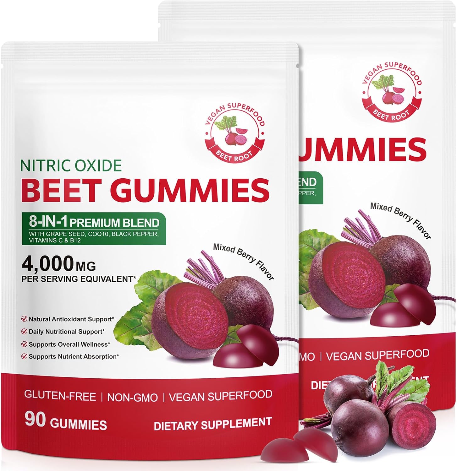 Beet Root Gummies,180 Heart Health Chews for Blood Pressure Support Supplements,Red Beets Supplements with Beetroot, Grape Seed, Coq10,B Vitamins,Vegan, Non-GMO,90 Beet Chews