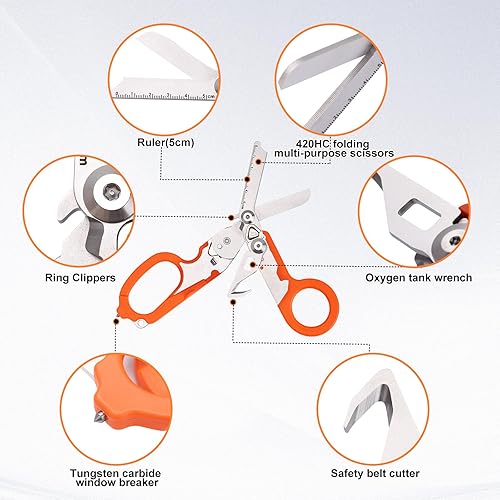 Miniatura 3 de Tijeras de trauma 6 en 1, tijeras de emergencia con cortador de correa y rompedor de vidrio y funda compatible naranja