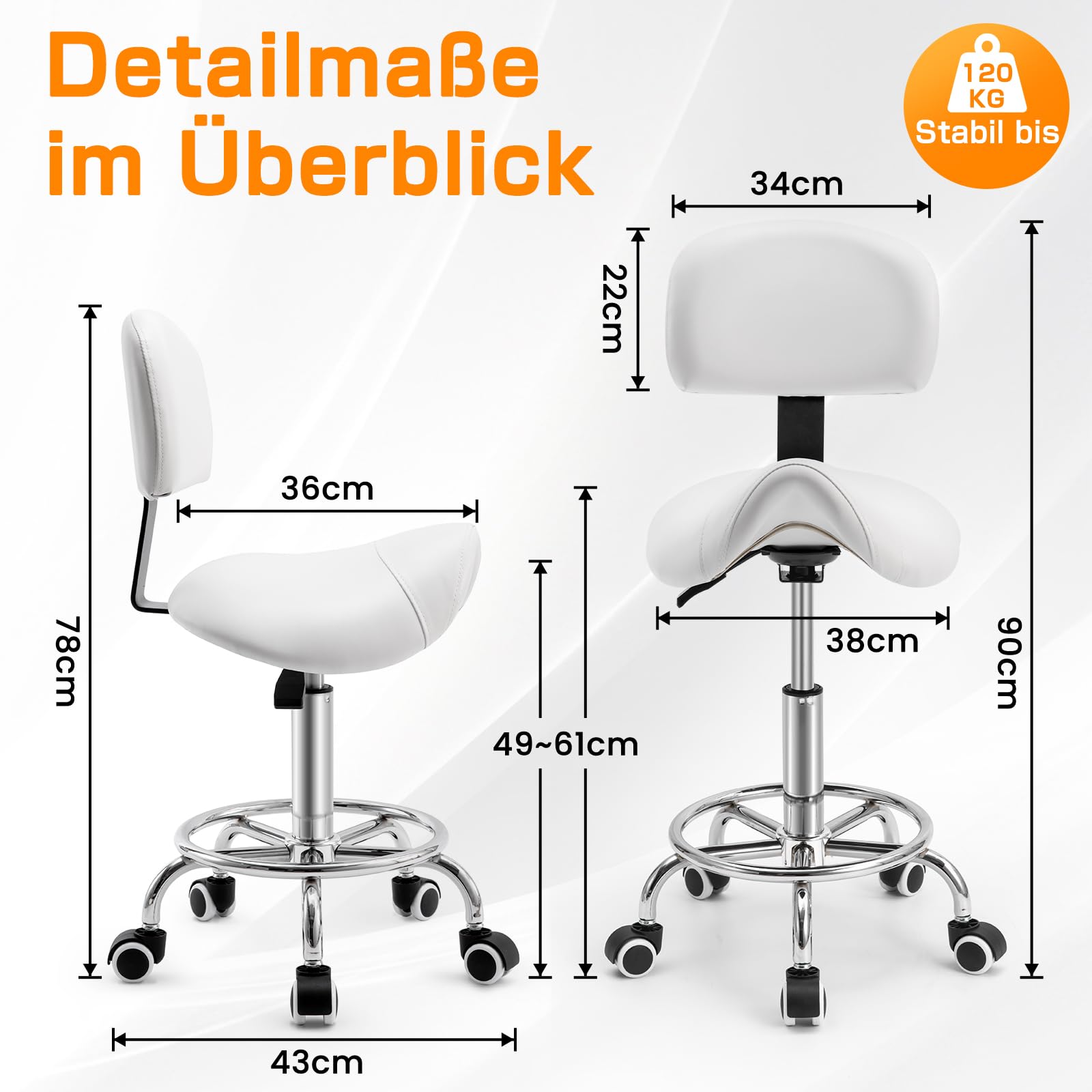 Sattelhocker mit Lehne – 360° drehbarer Hocker mit Rollen und verstellbarer Fußstütze | Sattelhocker mit Rollen höhenverstellbar 49-61 cm | Ideal für Büro, Salon und Kosmetik als Rollhocker (Weiß)