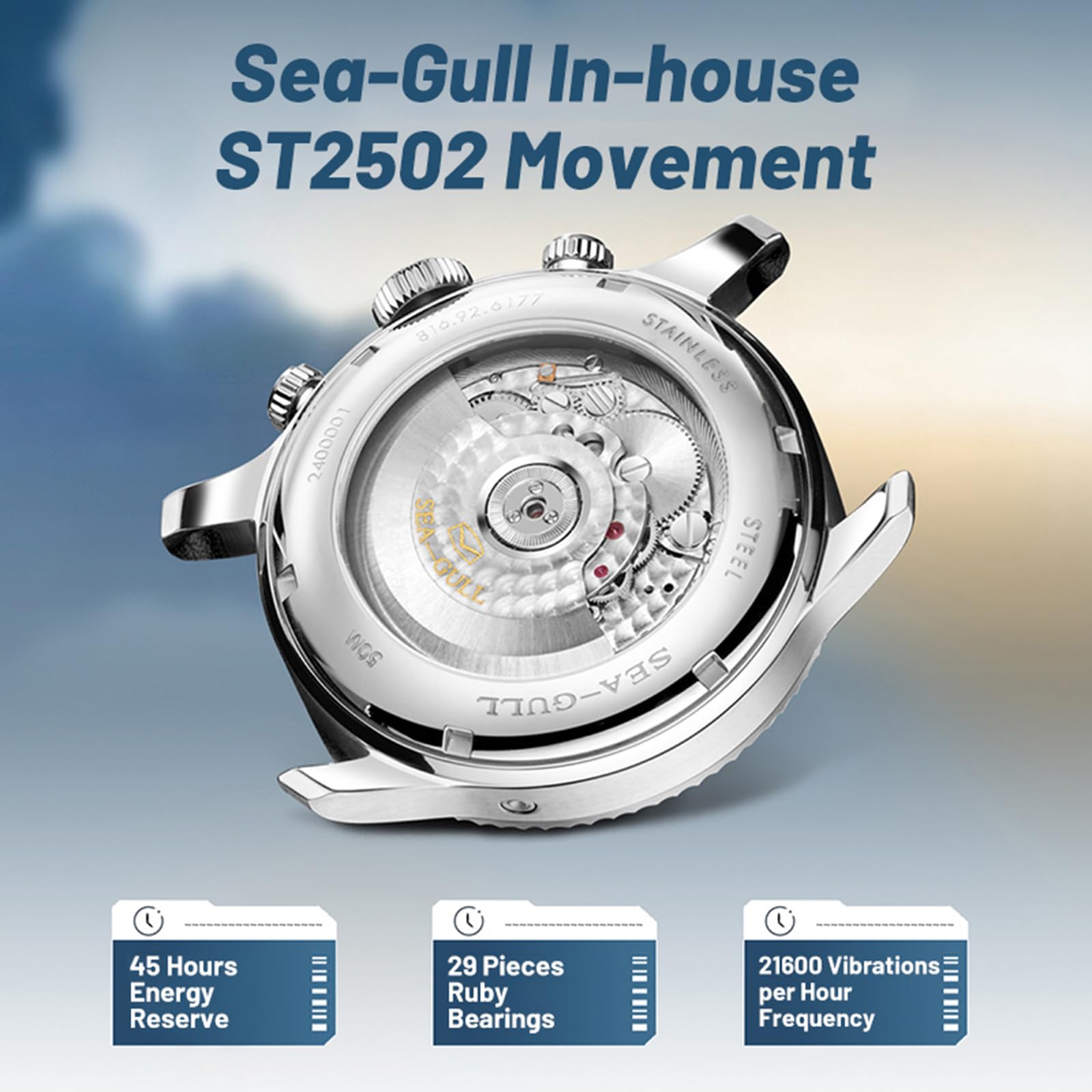 SEA-GULL Mechanische Herrenuhren, GMT Dual-Kalender, Panda-Auge, automatische Armbanduhr, Möwe ST2502, Tachymeter, leuchtend, 6177