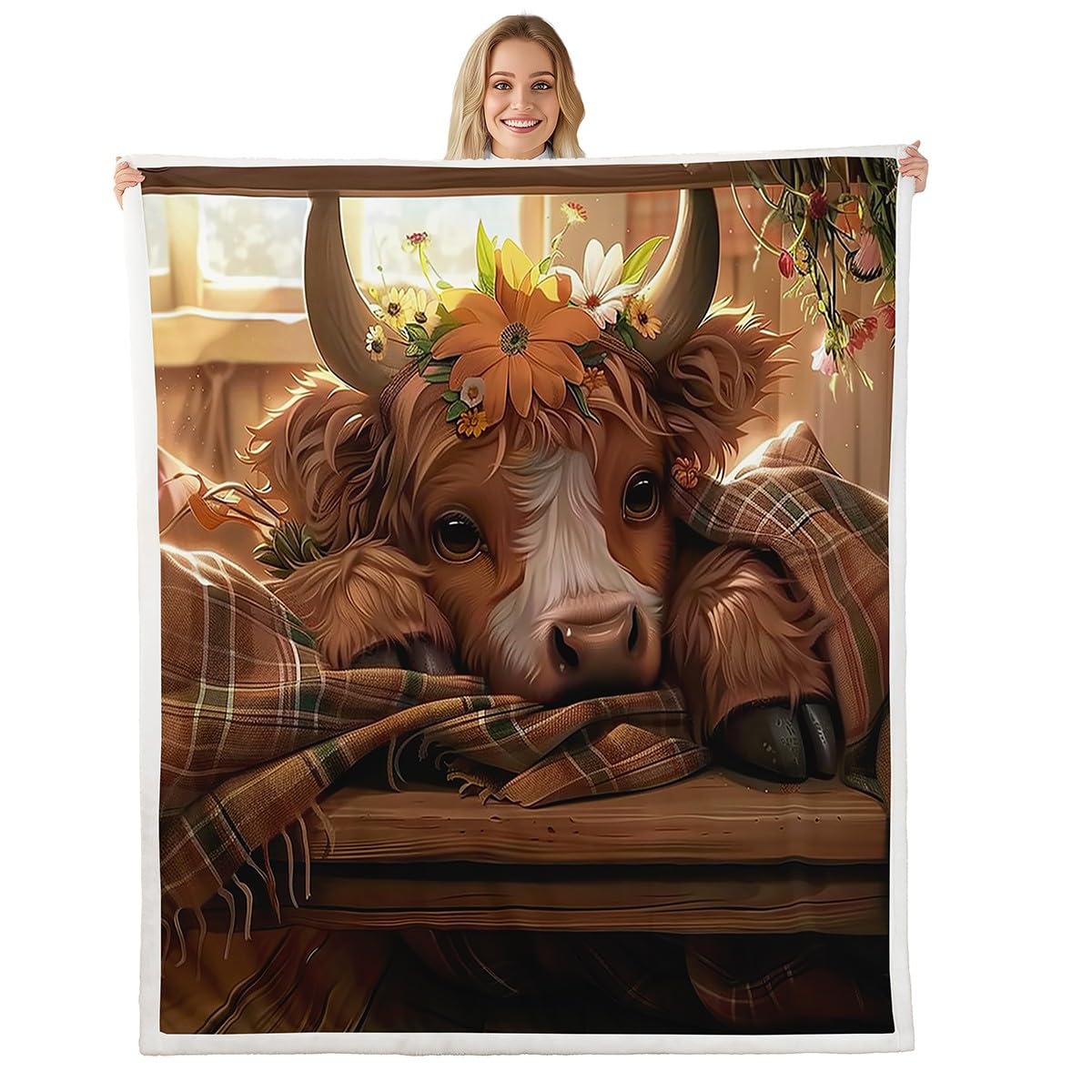 Homemissing Cartoon Highland Cow Fleece Throw Blanket Queen 90x90Inch Cute Highland Cattle Sherpa Blanket for Bed Sofa Couch Boys Teens Decor Farmhouse Plush Blanket Animal Fuzzy Blanket Bedroom — image 1