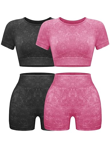 OLCHEE Womens Workout Sets 2 Piece - Seamless Acid Wash Yoga Outfits Shorts and Crop Top Matching Gym Athletic Clothing Set - 2pk: Black + Pink - X-Small