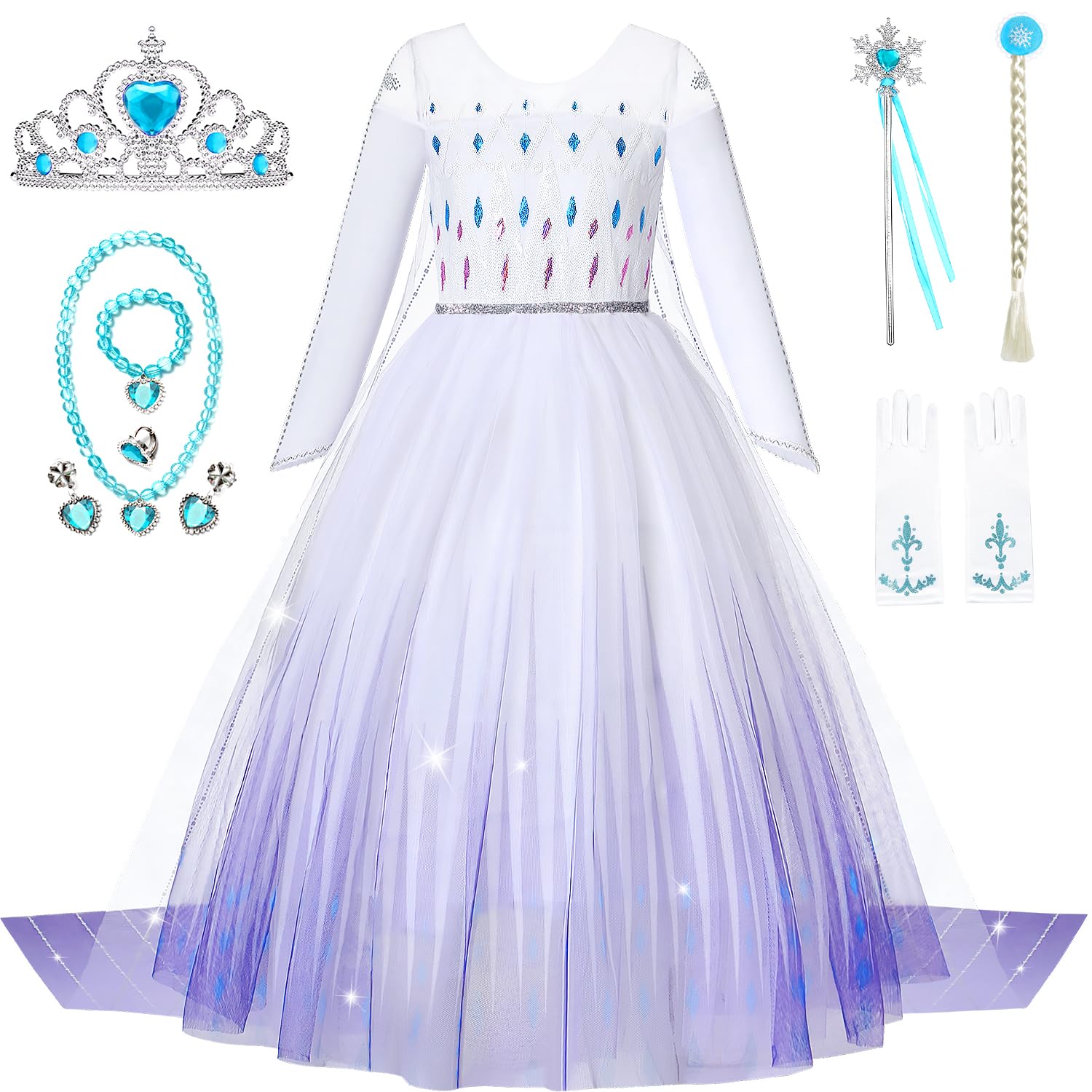 Axwcon Girls Princess Elsa Dress Costume with Waist Sequins, Detachable Cape, Halloween Christmas Kid Snow Queen Dress Up