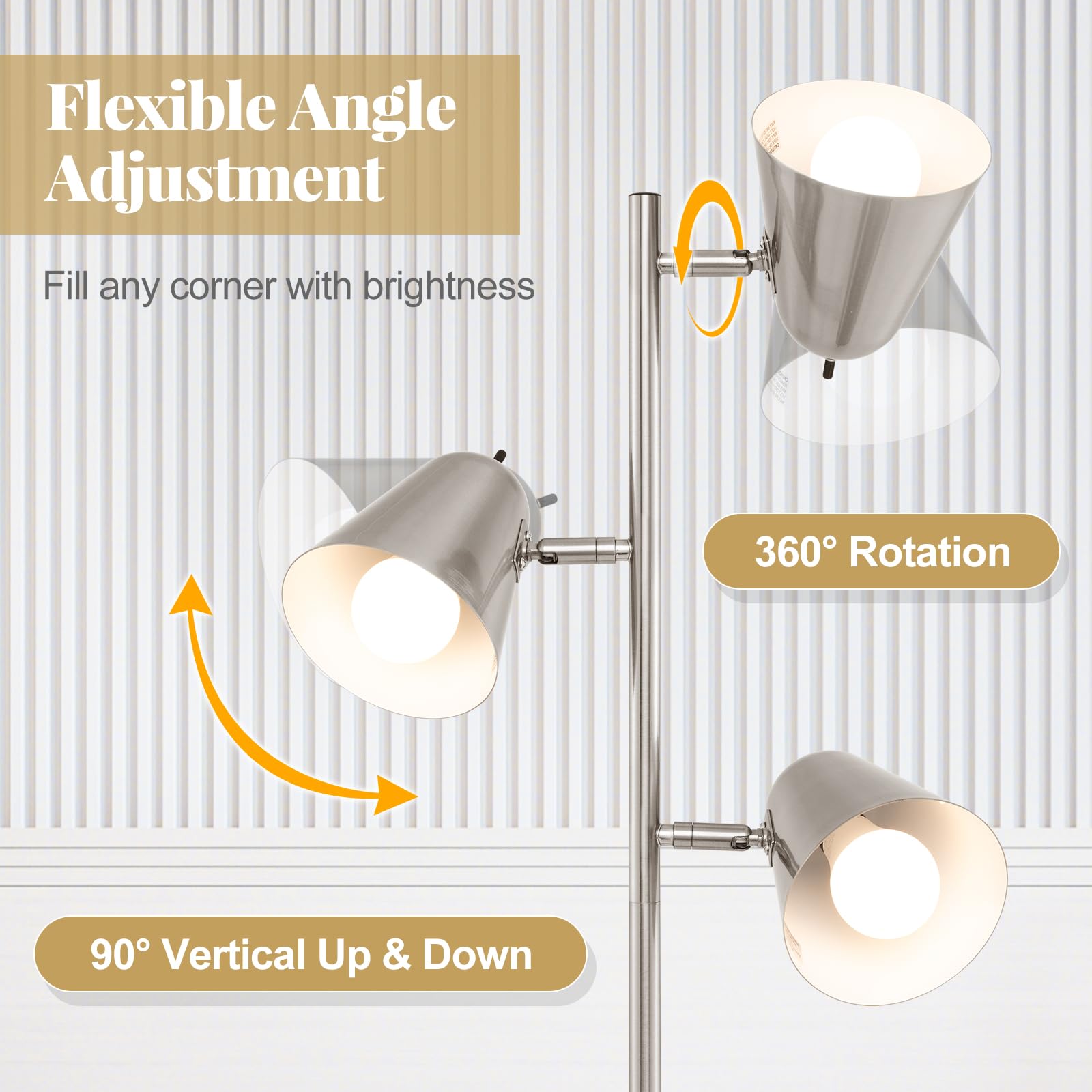 FANTASK 163cm Stehlampe, Lesestehlampe mit 3 E27 Glühbirnen & 360° verstellbaren Lampenschirmen & schwerer Fuß, Retro Stehlampen für Wohnzimmer, Schlafzimmer, Büro (Silber)