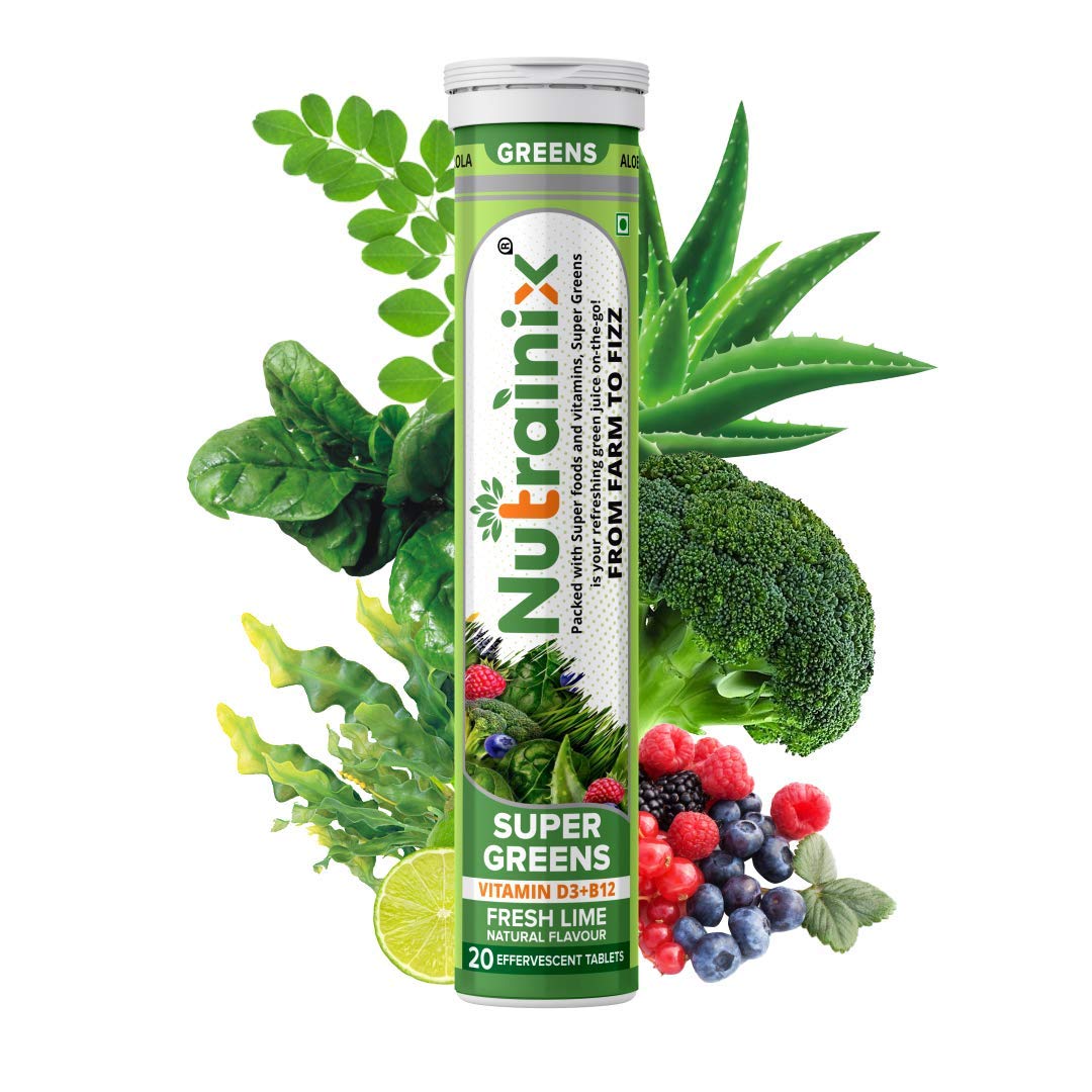 Nutrainix Super Greens, Wholefood Multivitamin for Immunity and Detox with Antioxidant Support Supplements - 20 Effervescent Tablets- Fresh Lime Natural Flavour