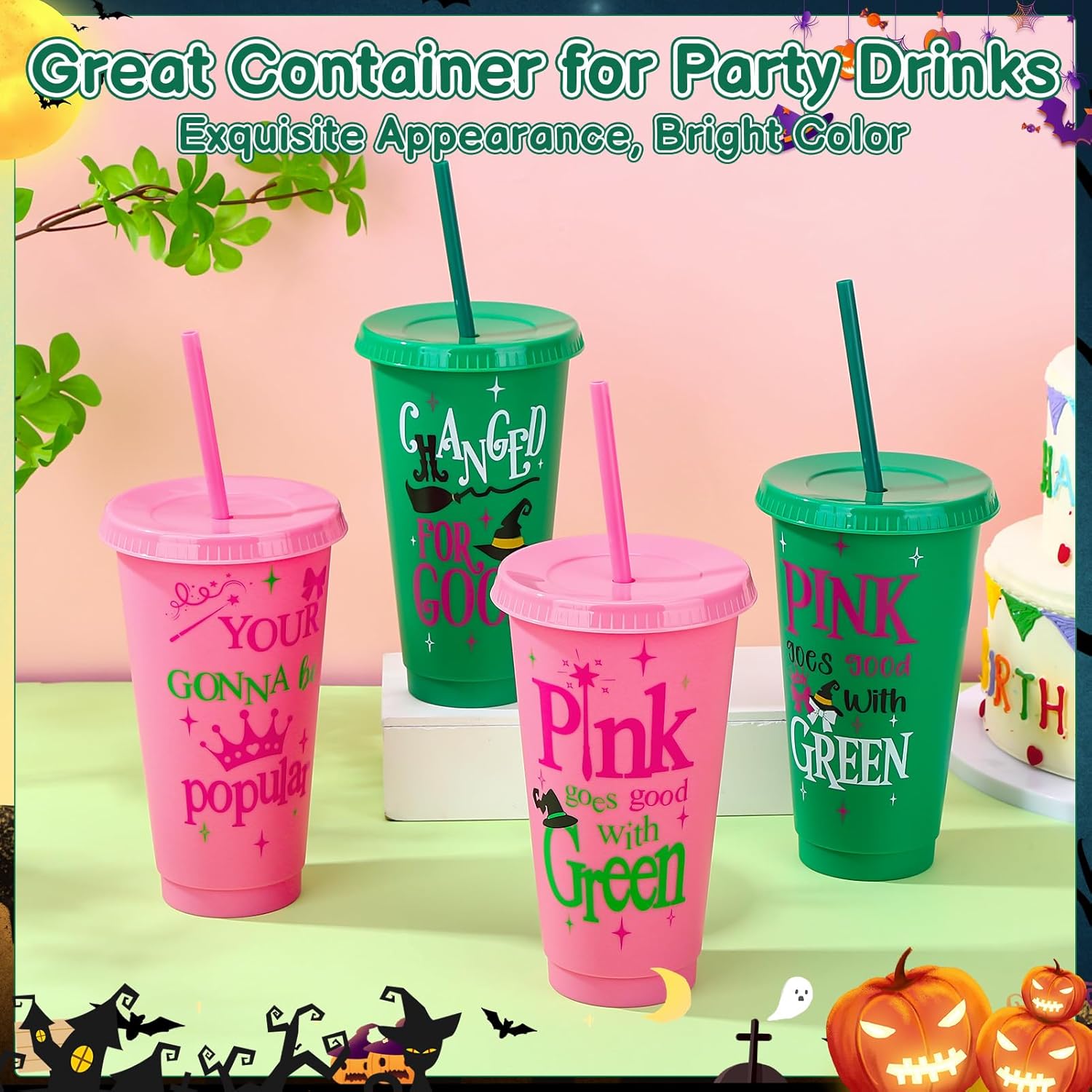 12 Pcs Pink Green Plastic Cups with Lids and Straws 24 oz Reusable Tumbler for Witch Princess Enchanted Theme Parties Birthdays Bachelor Party Decoration - Image 5