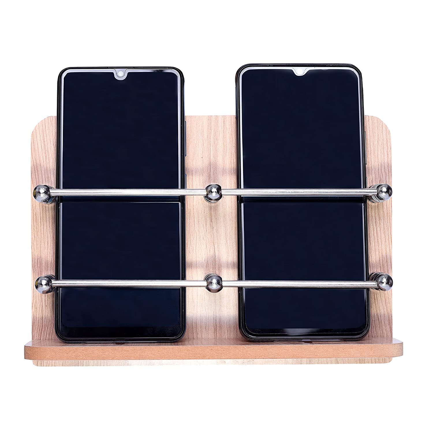 GRIDLAB™ Wooden Double Mobile Holder Stand for Mobile Charging, TV & AC Remote Holding and Keys Hanging at Home, Office, Bedroom, Hotel Wall Mount (Wooden Double Mobile Stand)
