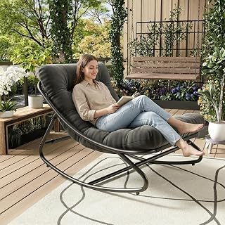 IDEALHOUSE Outdoor Papasan Rocking Chair Metal Frame 450lbs Capacity Waterproof Cushion Dark Grey Patio Rocker