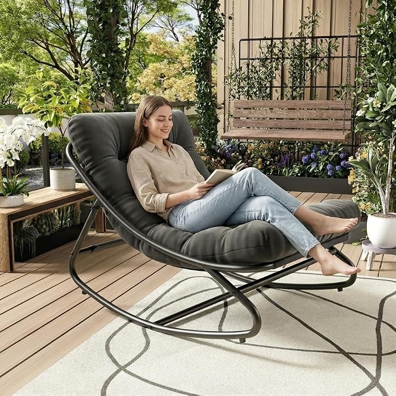 Outdoor Rocking Chair with Metal Frame, Adjustable Papasan Rocker, Waterproof Comfy Cushion, 450lbs Capacity, for Patio, Porch, Garden, Living Room, Dark Grey