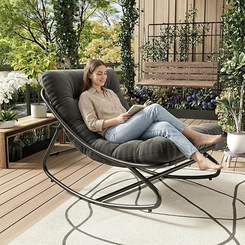 IDEALHOUSE Outdoor Rocking Chair with Metal Frame, Adjustable Papasan Rocker, Waterproof Comfy Cushion, 450lbs Capacity, for Patio, Porch, Garden, Living Room, Dark Grey