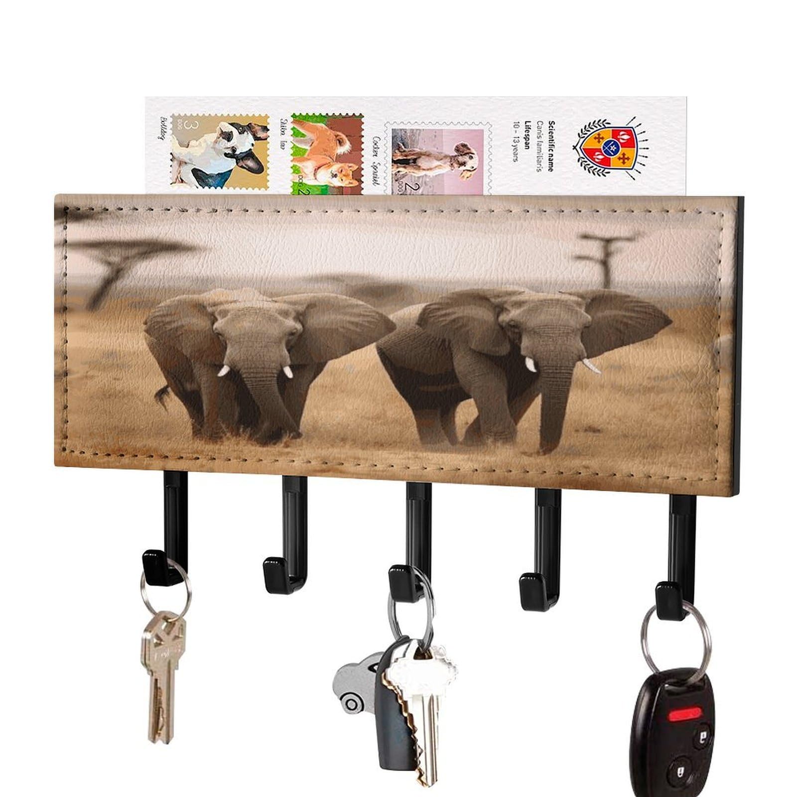 LDGSUPH Wild Animals Elephants Key Holder Wall Mount Key Hanger with 5 Hooks Fashion Key Organizer Rack Hanging Key Hooks with Mail Organizer Key Rack for Home Entryway Hallway Black-Style
