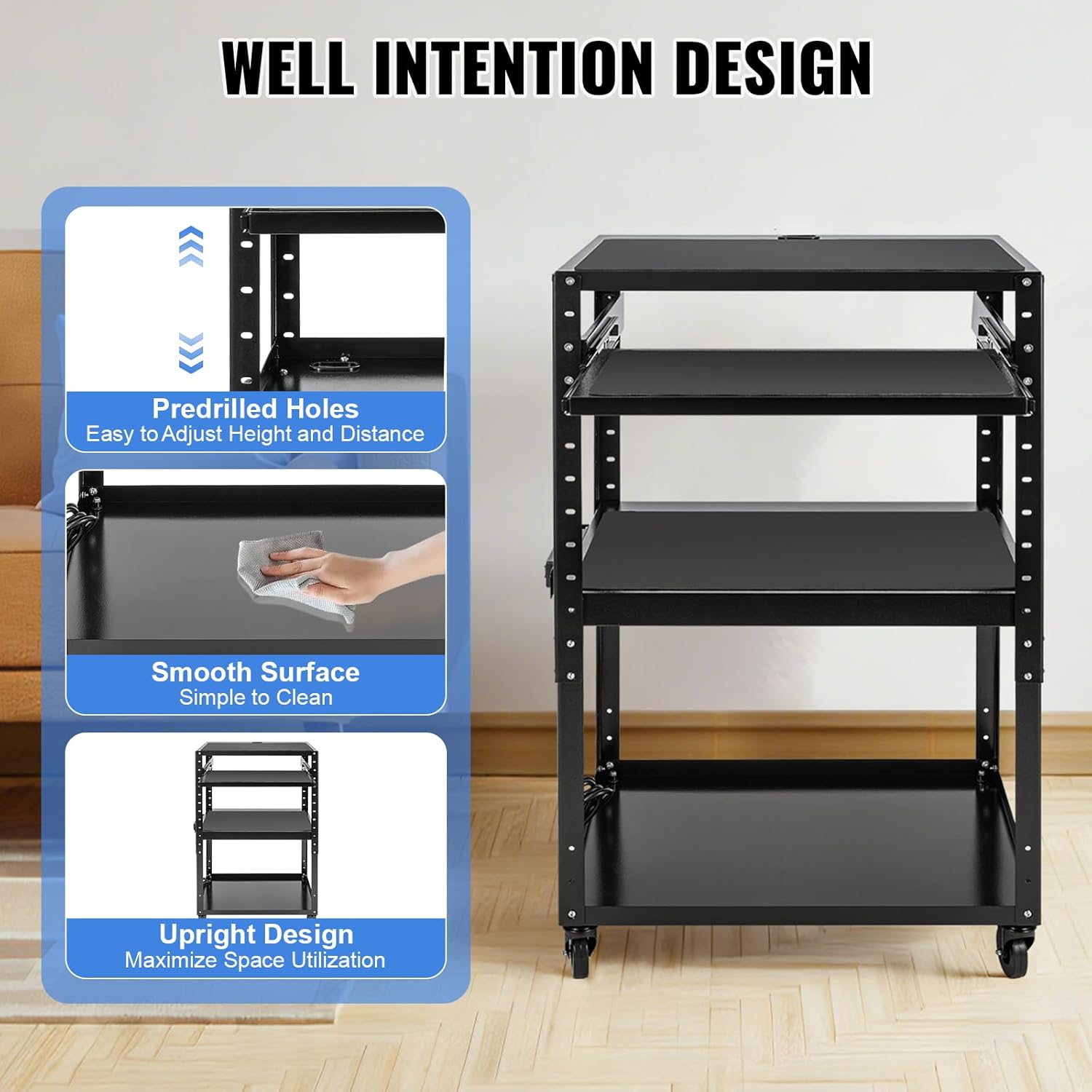 3 Shelf Metal Utility Cart– AV Presentation Cart for Video Projector Laptop Computer Printers with Keyboard Tray,AV Cart with Adjustable Shelves with Keyboard for Office Classroom