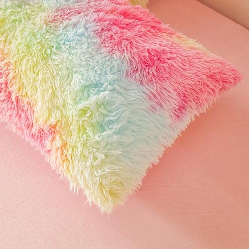 Miniatura 180 de Juego de funda de edredón rosa esponjosa tamaño Queen – Juego de ropa de cama de felpa de pelo sintético rosa de 3 piezas