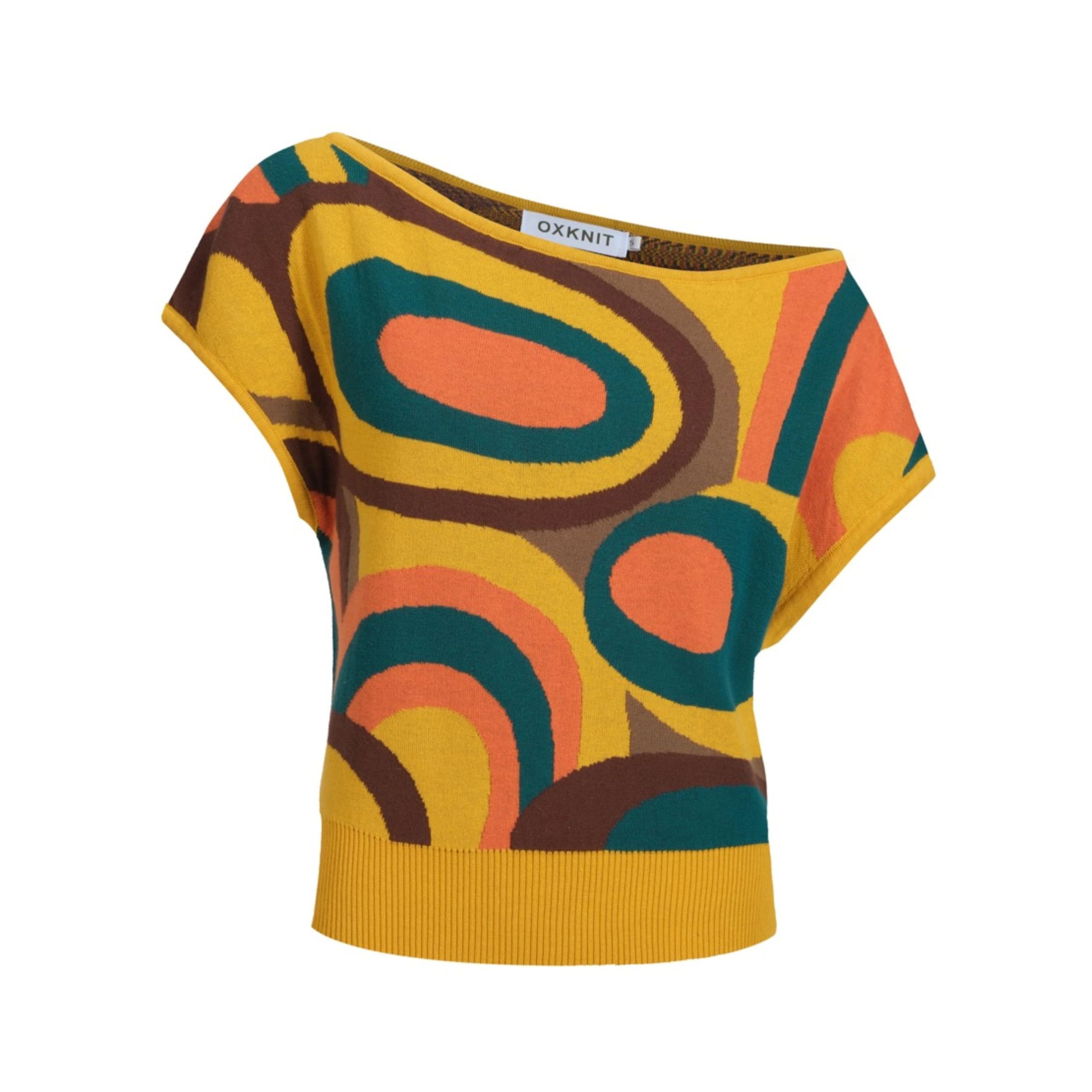 OXKNIT Schulterfreies Oberteil Damen Gestrickt Vintage Geometrische Jacquard Baumwolle Freizeit Gelb T-Shirt –Kurze Version
