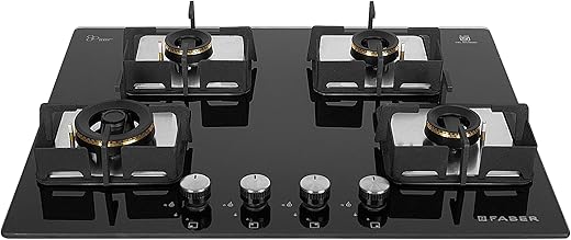 Faber 4 Burner HCT 65 cm Hob| Brass Burners| Bakelite Knobs| Cast Iron Pan Support | Hob/Cooktop Hybrid Toughened Glass |Auto Ignition| 2 Yrs…