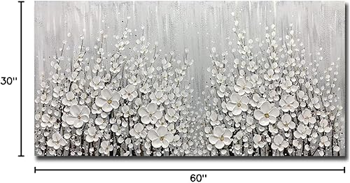 Miniatura 8 de V-inspire Arte, 30 x 60 pulgadas, pintado a mano, flores blancas 3D, arte de pared, lienzo abstracto, pinturas al óleo, decoraciones de pared para