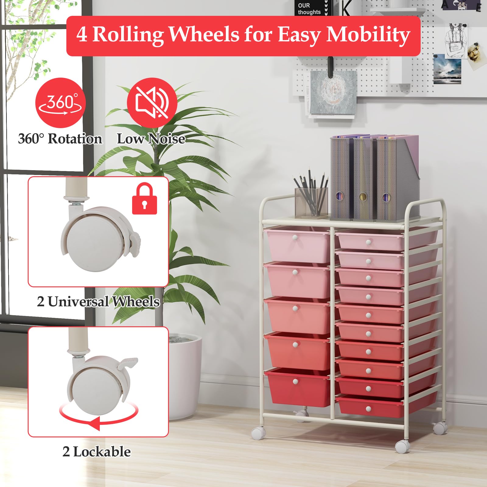 KOMFOTTEU Rollwagen mit 10/15 Schubladen stapelbar, Badrollwagen Rollcontainer mit Metallrahmen, Allzweckwagen Haushaltswagen Beistellwagen für Bad & Küche (Rosa, 15 Schubladen)