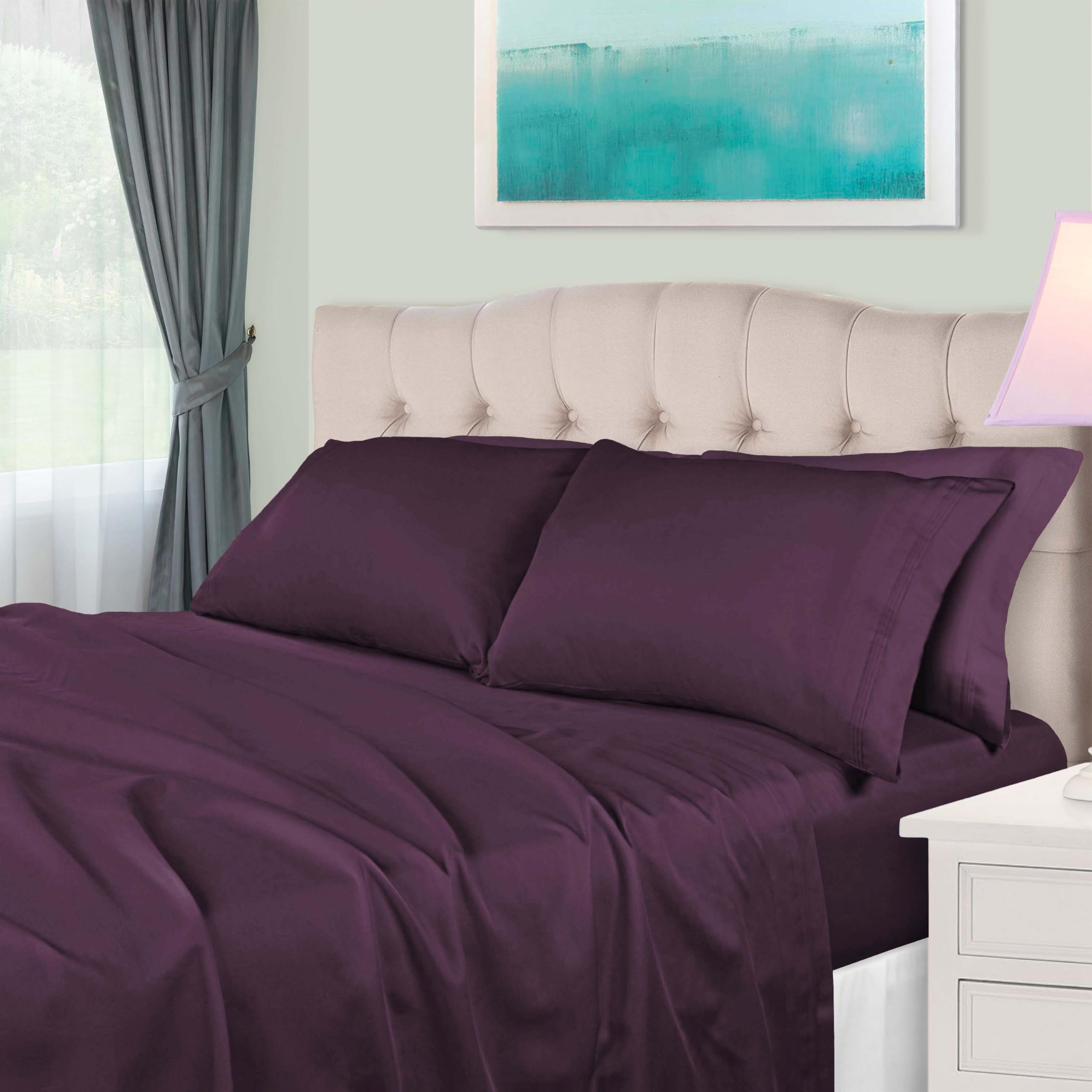 Superior Egyptian Cotton 4 Piece Sheet Set, 650 Thread Count, Modern Design, Sustainable Sheets, Ultra-Soft Basics, Solid, Deep Pocket Fitted Sheet, Flat Sheet, Pillowcases, Queen, Plum