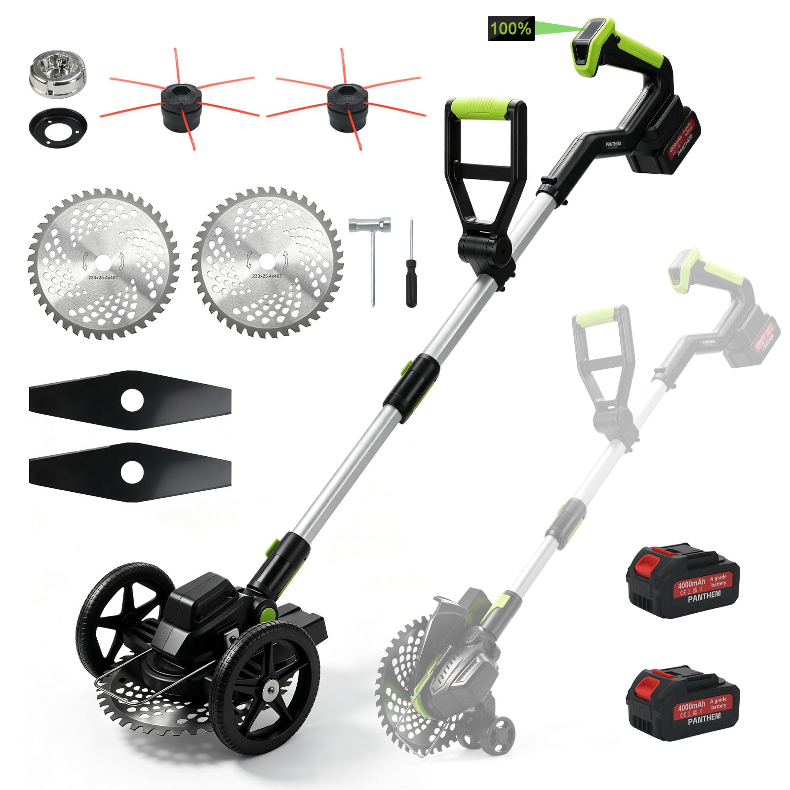 Desbrozadora 3 en 1 con batería de 630 W para Makita 18 V con 2 baterías de 4,0 Ah, 2 ruedas auxiliares, desbrozadora inalámbrica sin escobillas para césped, bordes y malas hierbas – 23 cm de ancho de
