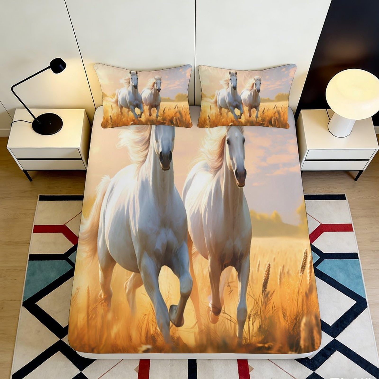 3D Printed White Horse Fitted Sheet Microfiber Non-slip Bed Cover Wild Prairie Decor for Bedroom Guest Room 90x200x25cm