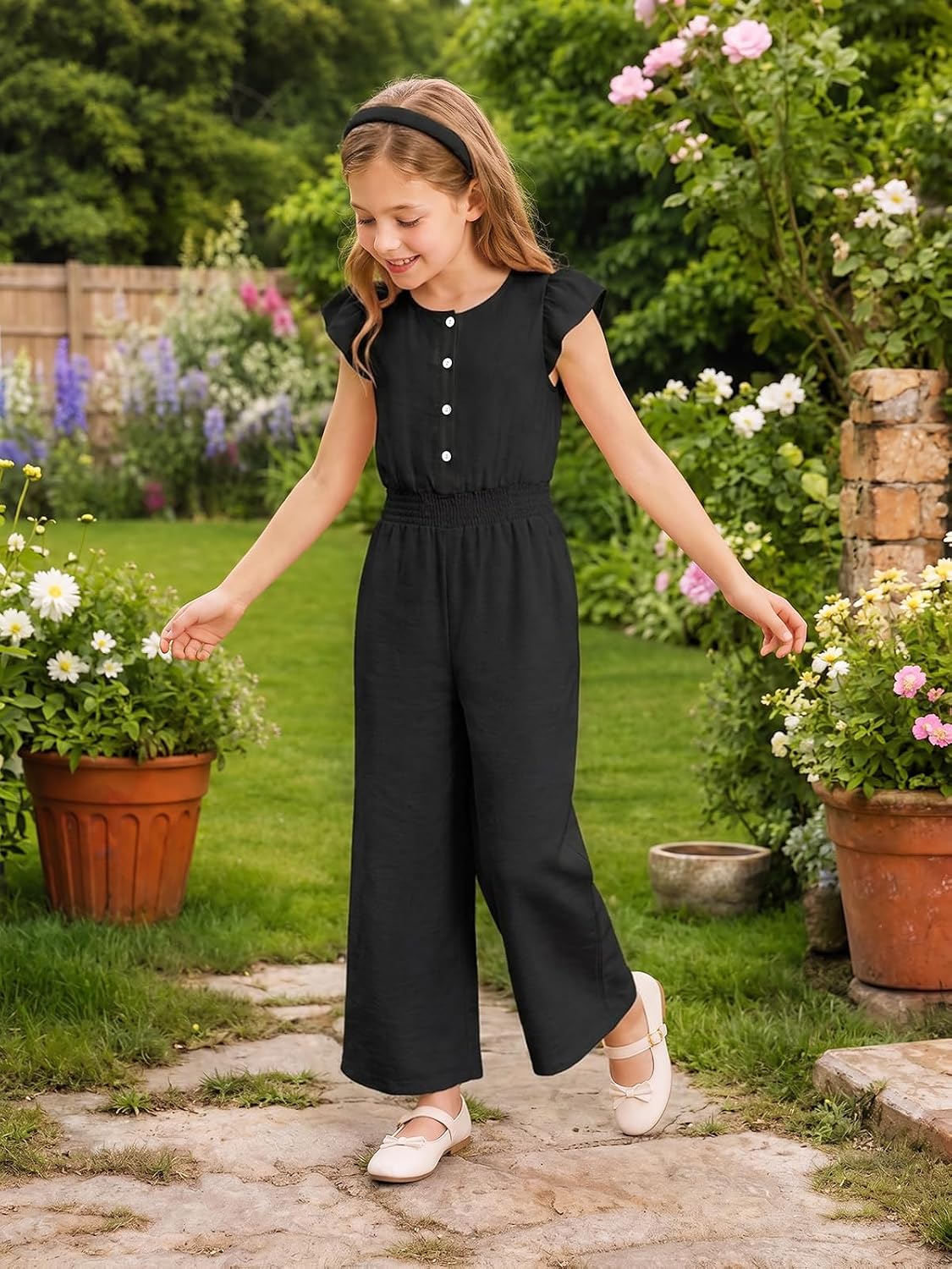 Haloumoning Girls Jumpsuit Kids Casual Ruffle Sleeve Smocked Waist Rompers