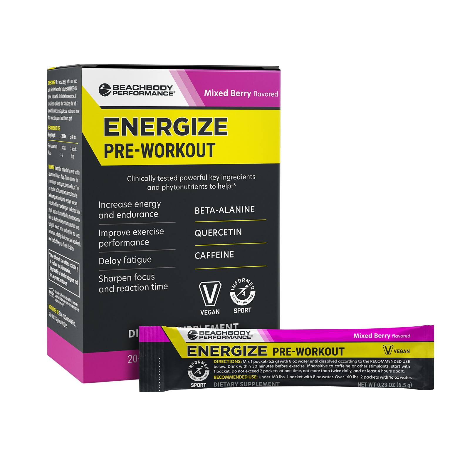 BODi Energize Pre Workout Powder - Beta-Alanine, Quercetin & Low-Dose Caffeine Formula for Enhanced Energy & Focus, Increase Energy & Endurance Supplement, Mixed Berry, 20 Sticks