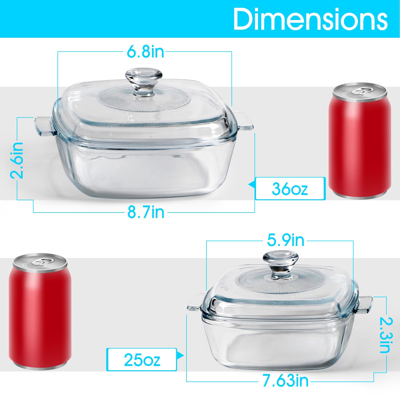 NUTRIUPS Quadratisches Glas-Kasserollen-Set mit Deckel, 2 Stück, 0,8 l + 1,2 l | Ofenfest, mikrowellengeeignet, perfekt für die Zubereitung von Mahlzeiten, Backen und Servieren